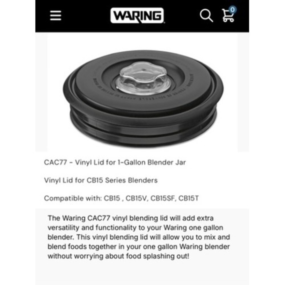 Waring CAC77 Vinyl Lid for 1 Gallon Blender Jar CB15 CB15V CB15SF CB15T Black
